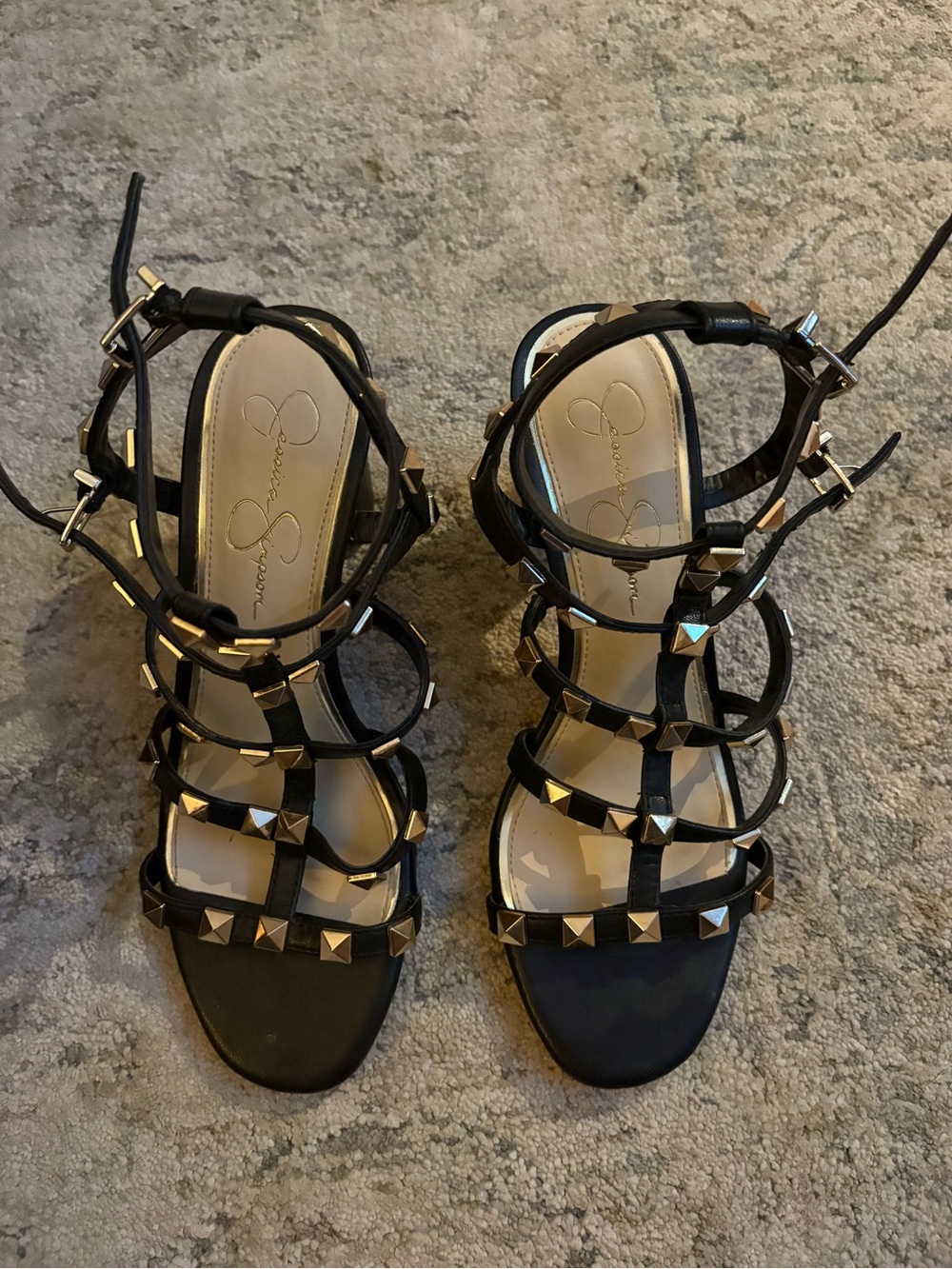 Jessica Simpson Black Pyramid-Stud Gladiator Heels